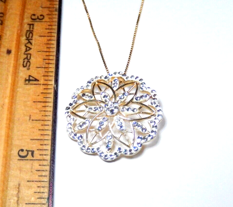 STUNNING  LARGE  925 Gold Vermeil Crystal Pendant w 18 Vermeil Box Chain