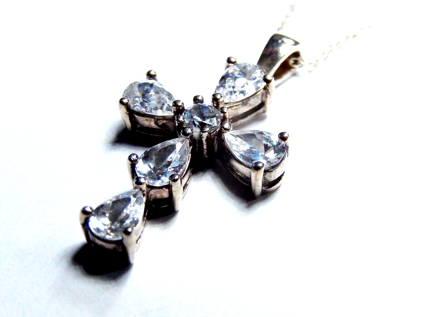 CZ Cross Pendant Sterling Silver Pear Shaped Cubic Zirconia Stones w/18" Chain
