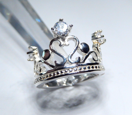 LARGE 925 Sterling Silver Three C Z Heart Crown Design Wide Ring Size 8.25