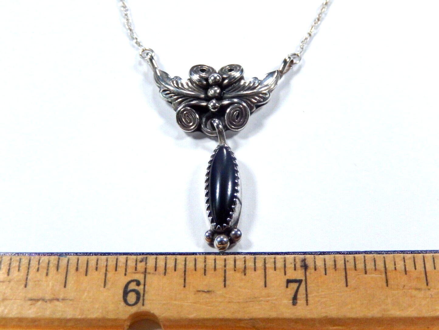 20" Sterling Black Onyx Native American Necklace Signed "RB" ( Running Bear )