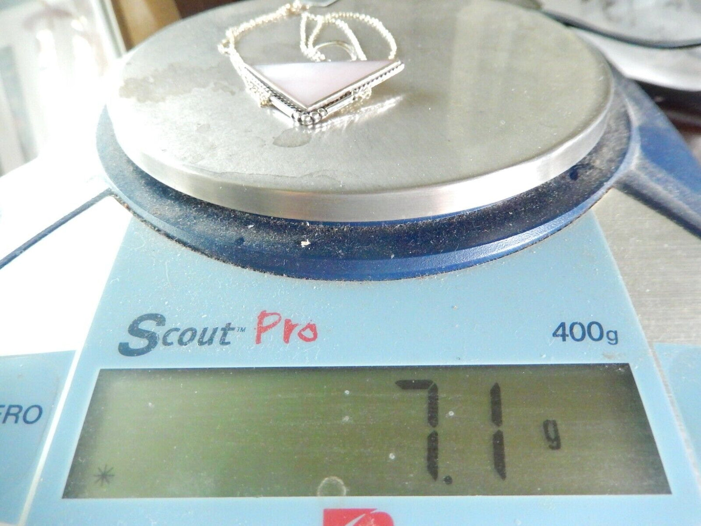VINTAGE  Sterling Silver  Mother Of Pearl Triangle Pendant w/ 18" Sterling Chain