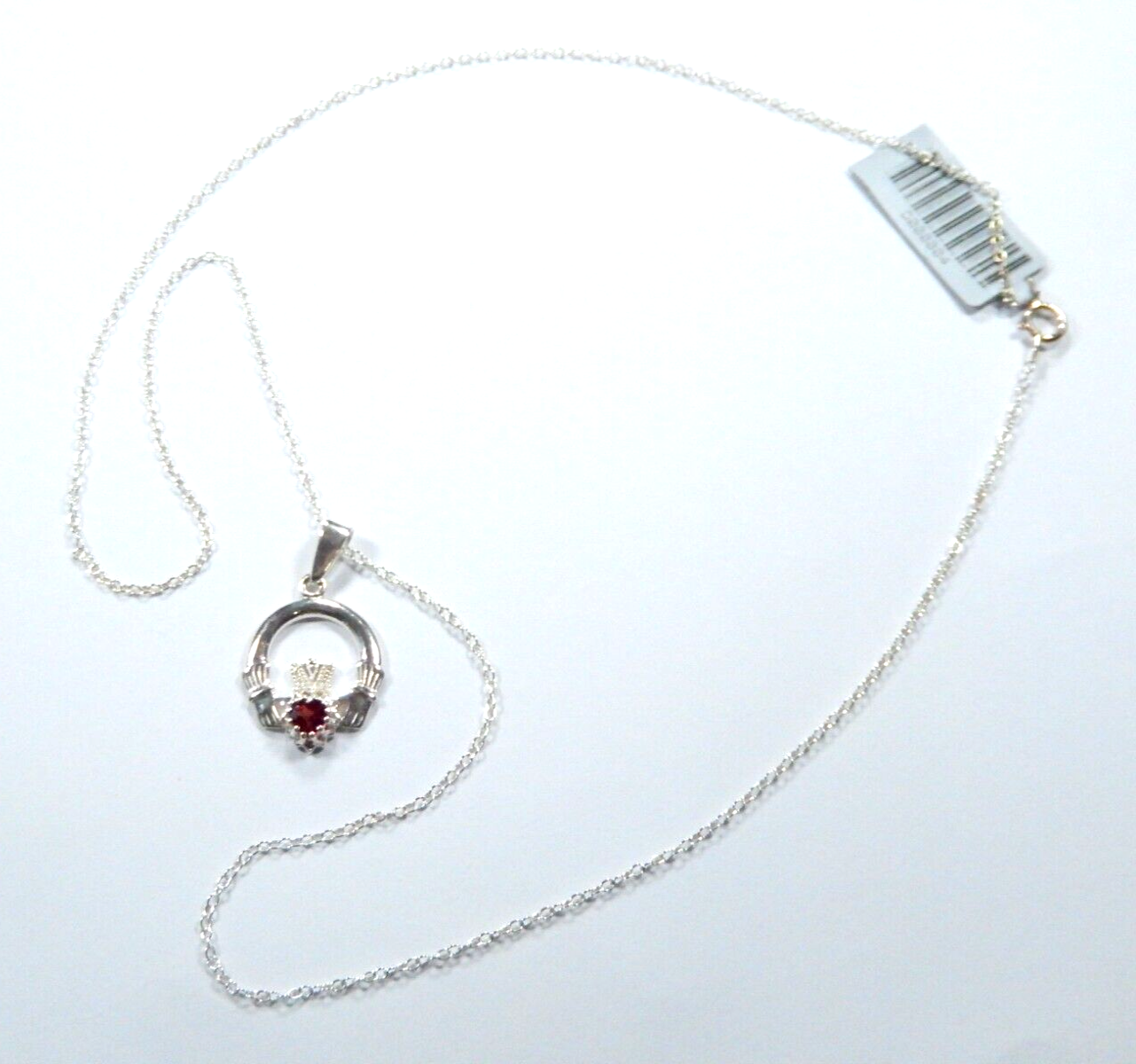 Sterling Silver Irish Claddagh Pendant With Red Garnet w/18" Sterling Chain