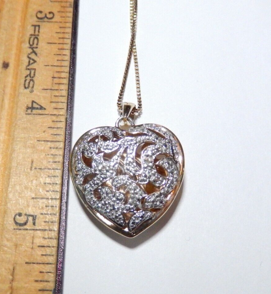 VINTAGE Gold Vermeil 925 Filigree Puffed Heart Diamond Pendant w18 Chain