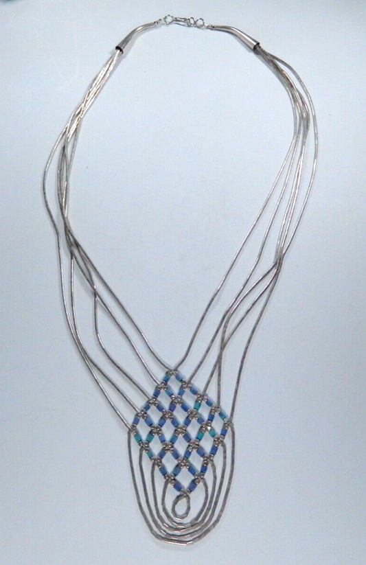 VINTAGE SOUTHWESTERN STERLING SILVER AND TURQUOISE LIQUID SILVER MESH NECKLACE