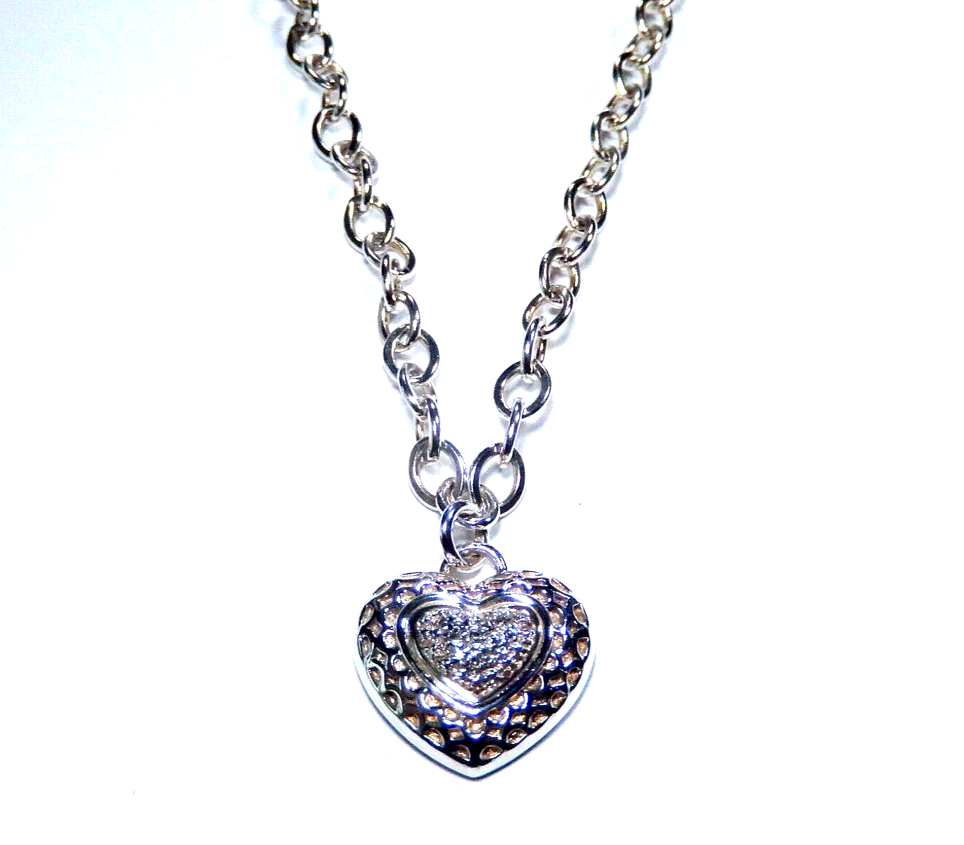 Sterling Silver Signed V 925 Diamond Cluster Heart Pendant w/Heavy Rolo Chain