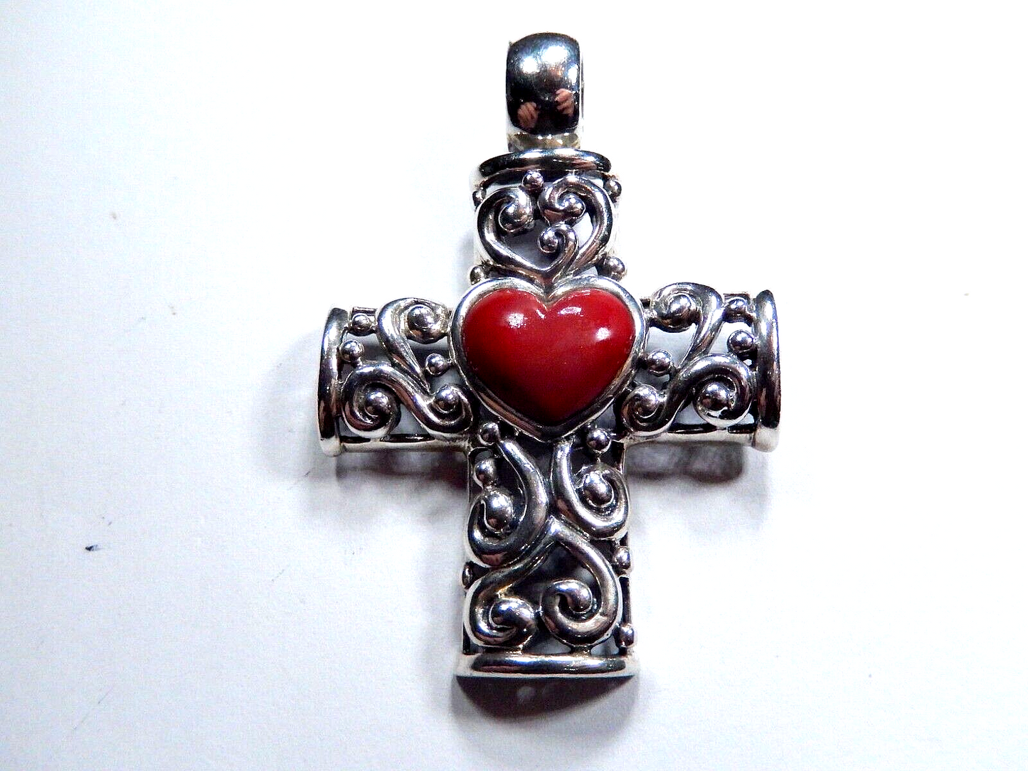 LARGE - Sterling Silver Filigree Cross Pendant with Red Coral Gemstone Heart