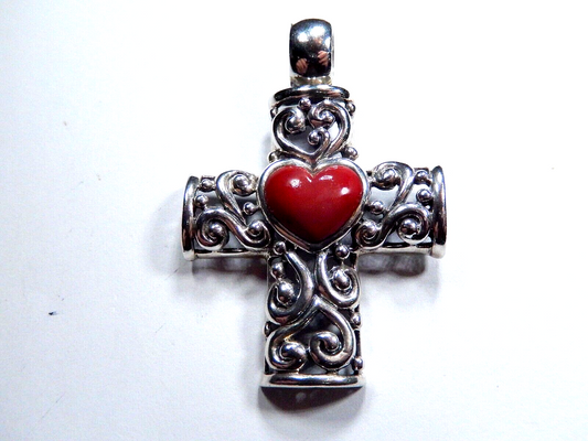 LARGE - Sterling Silver Filigree Cross Pendant with Red Coral Gemstone Heart