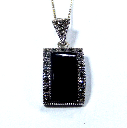 VINTAGE  Sterling Silver Black Onyx and Marcasite Curved Pendant w/18" Chain