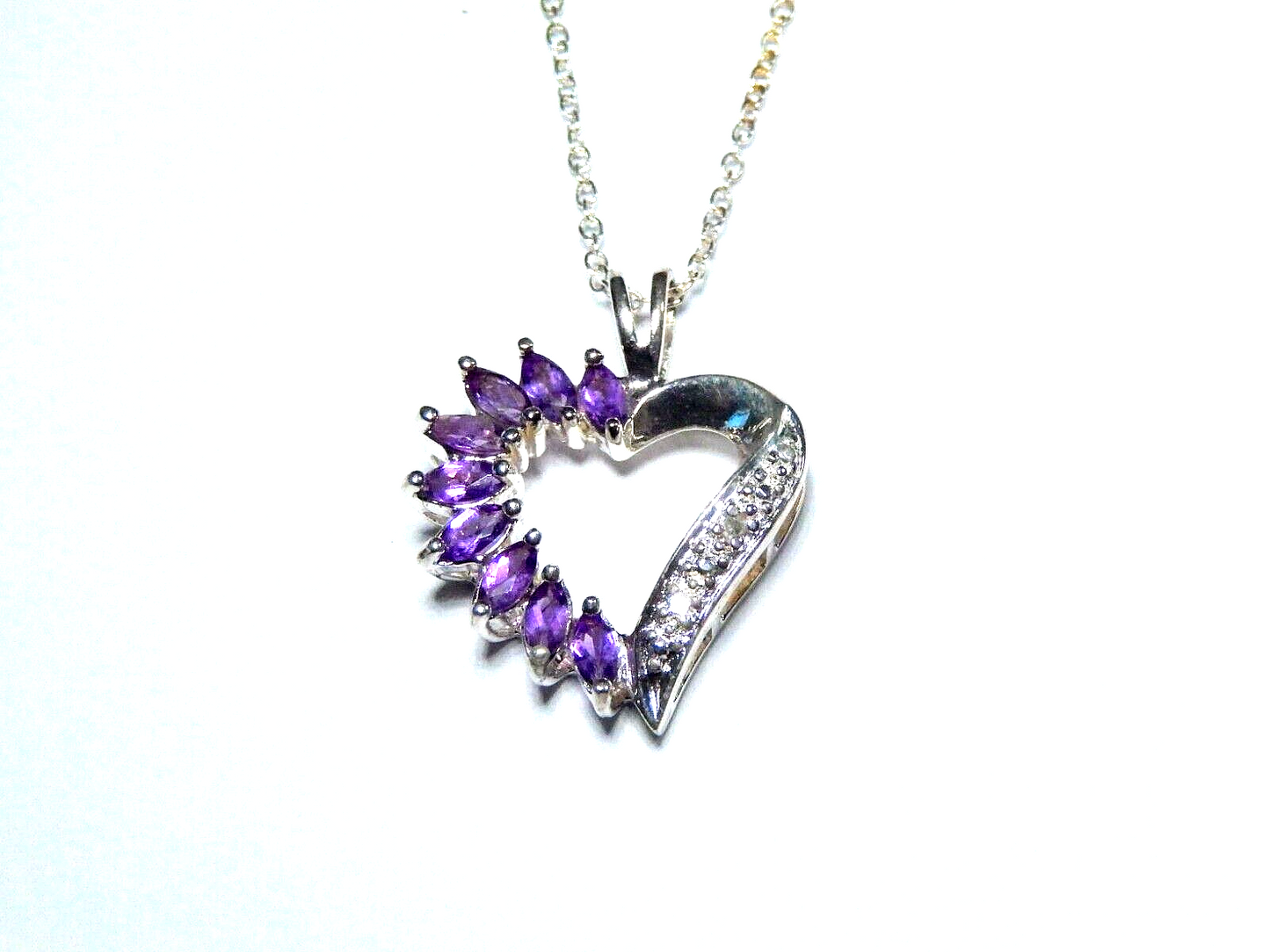 Ross Simons Sterling Silver Amethyst  Diamond Heart Pendant w18 Chain