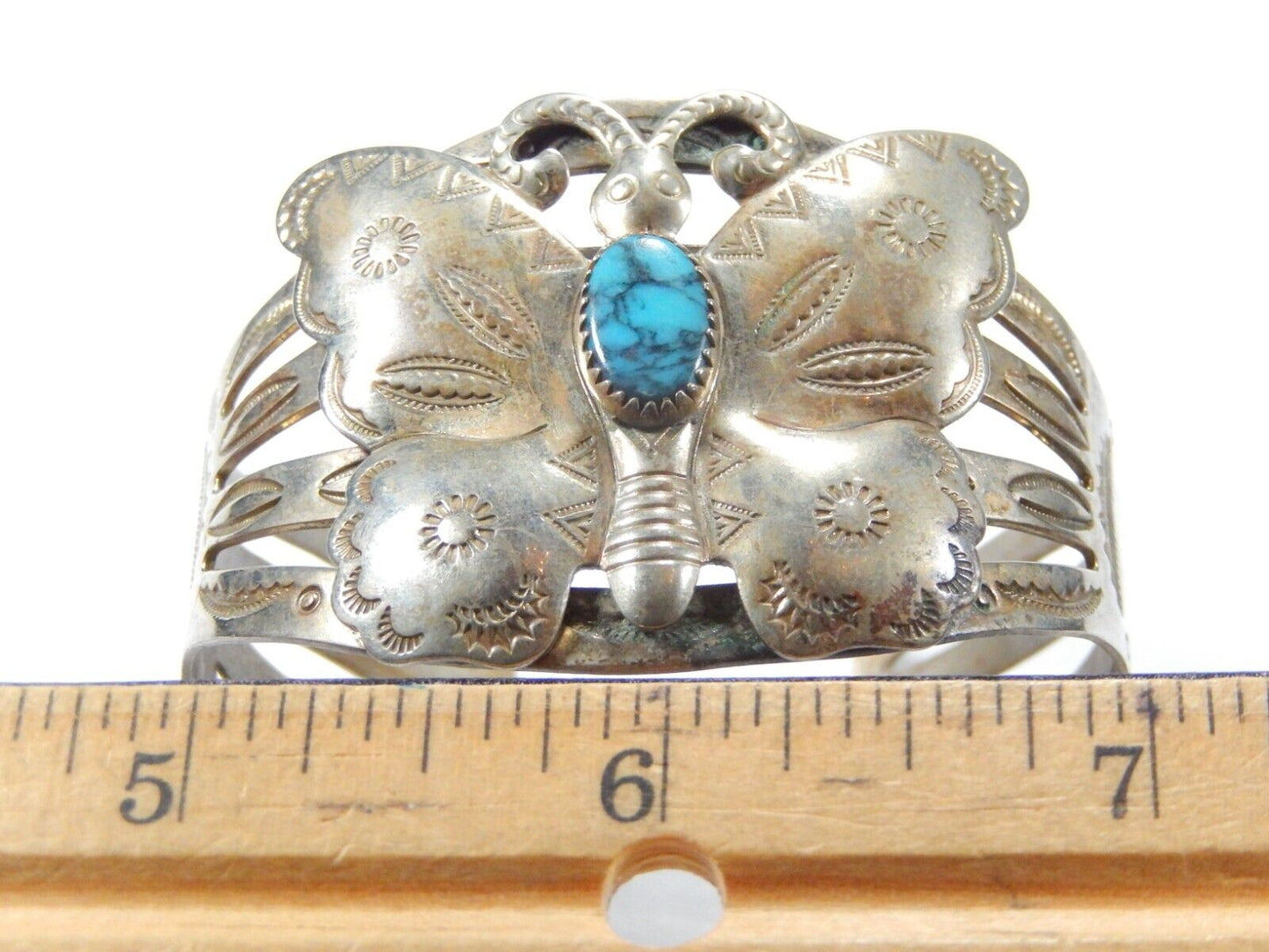 VINTAGE Bell Trading Post Nickel Silver Turquoise Butterfly 6 3/4" Cuff Bracelet
