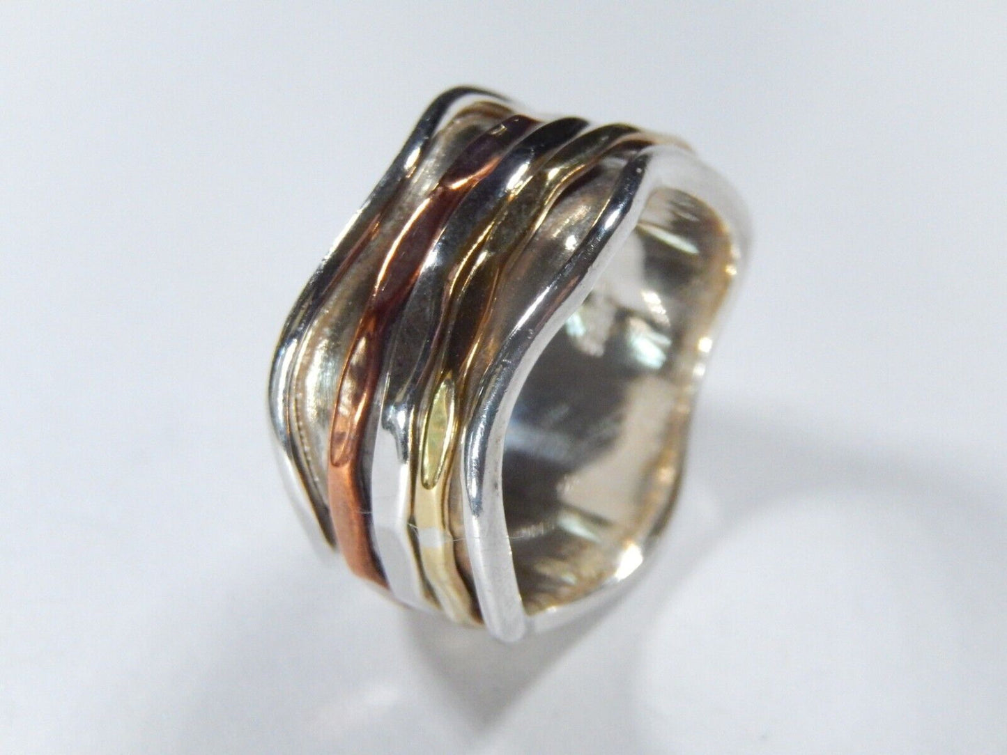 Sterling Silver Spinner Ring w/ Brass Copper & Sterling Silver Bands Sz 7.5