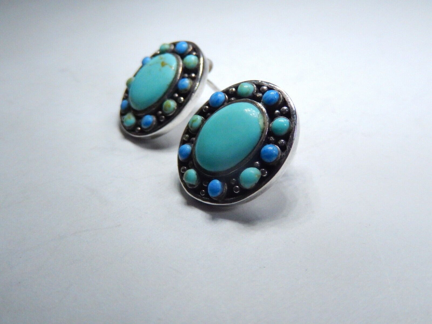 *VINTAGE* Southwest Sterling Silver Turquoise & Lapis Post Earrings 3/4" x 5/8"