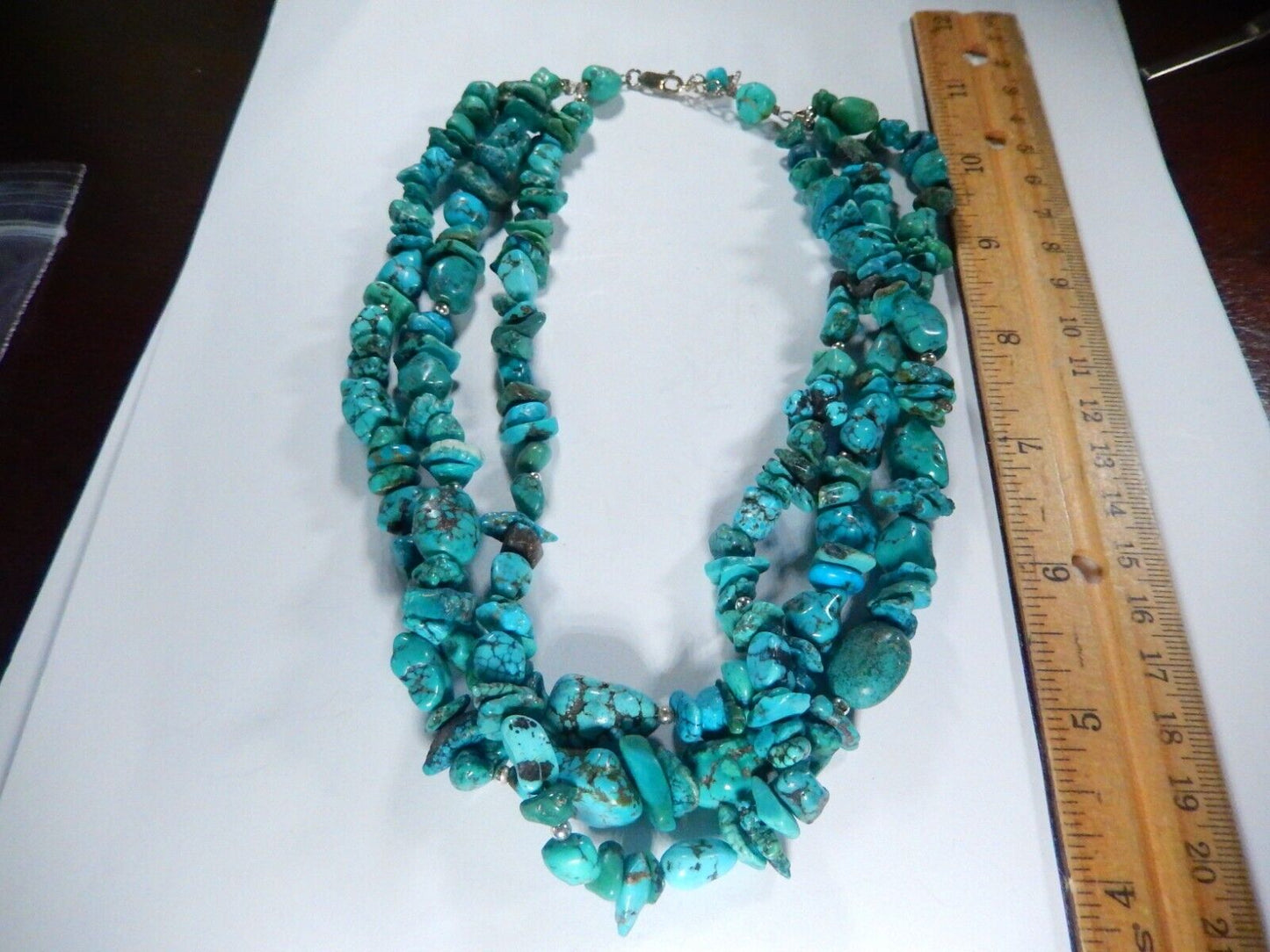 *VINTAGE*  Three Strand Turquoise Nuggets Sterling Silver Necklace 16” - 18”