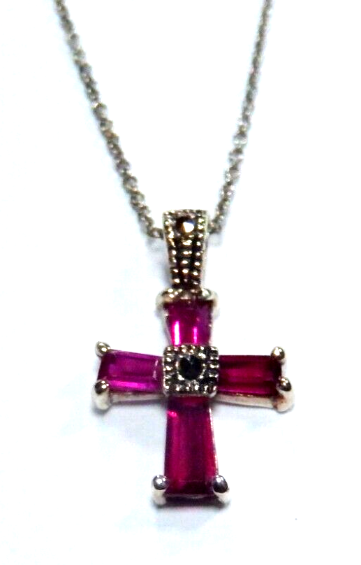 *VINTAGE* STERLING SILVER MARCASITE & SIMULATED RUBY CROSS PENDANT w/18" Chain