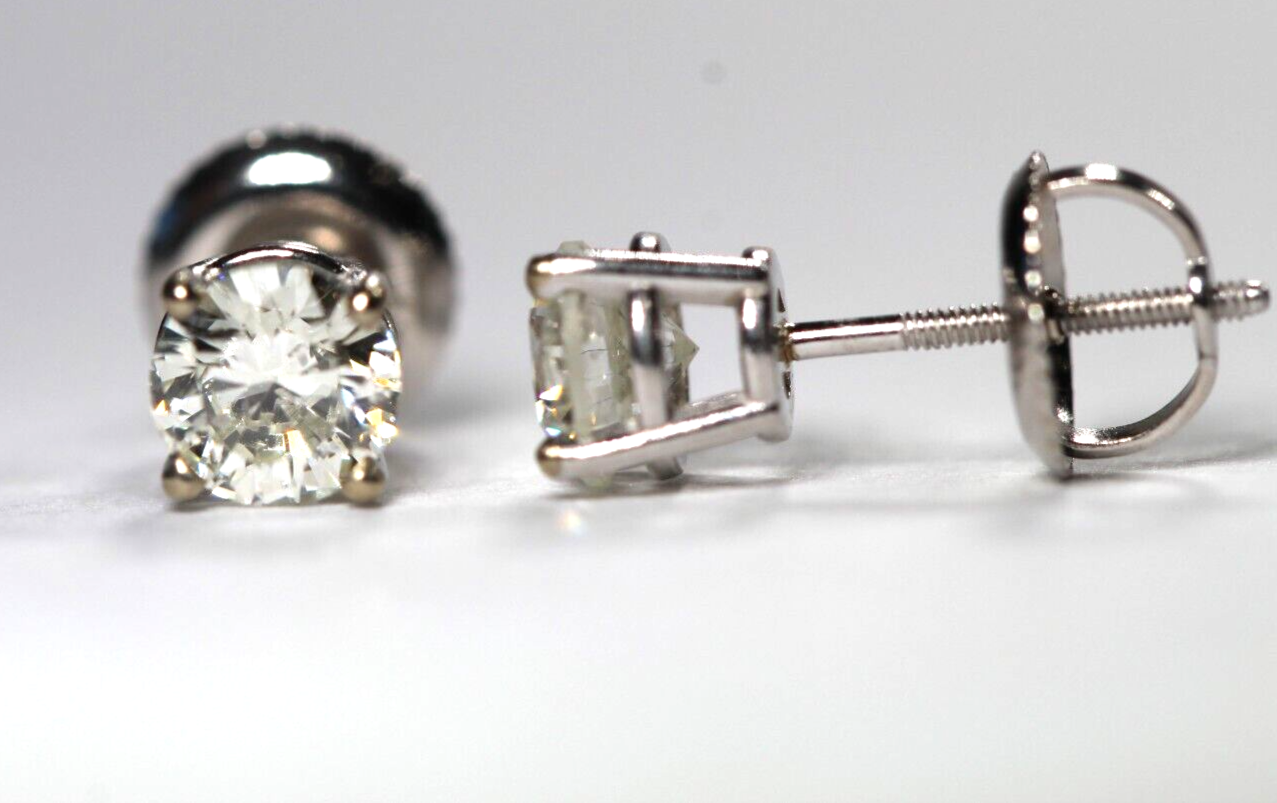 New! 14K White Gold .93 CT TW Natural Diamond  Screw Back Stud Earrings