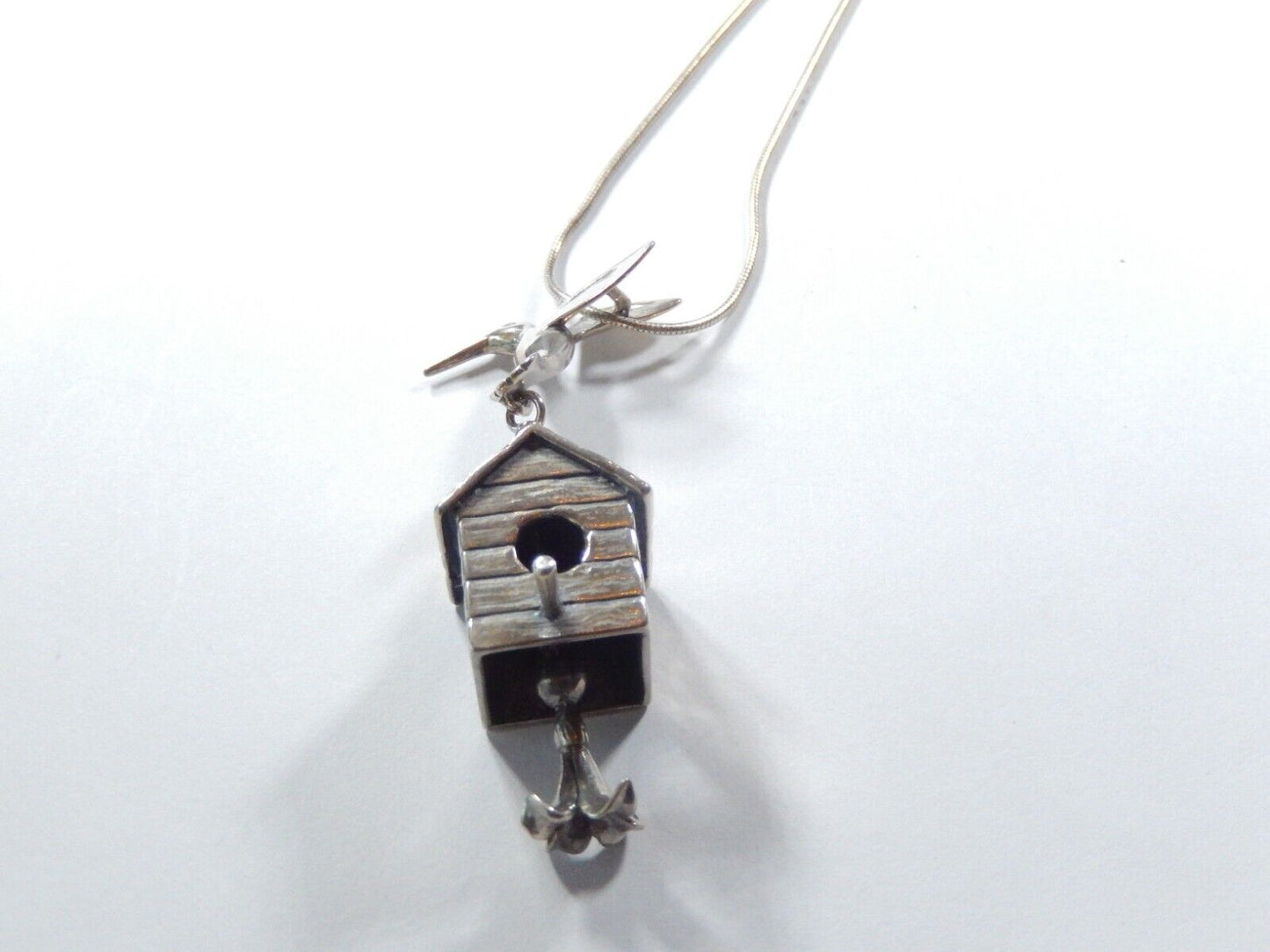 *VINTAGE*  Sterling Silver 3D Humming Bird w/ House and Moveable Bell w/24"chain