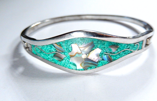 Alpaca Mexico Silver Abalone Inlay Lavender Tulip Blue/Green Cuff Bracelet