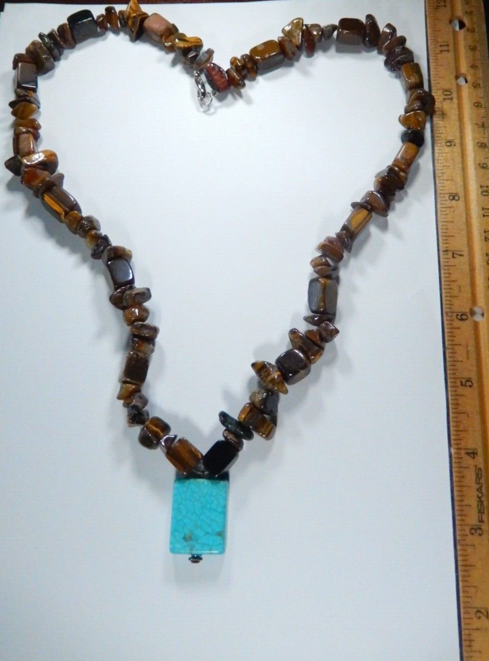 *VIVTAGE* Genuine Tiger Eye Beads and Faux Turquoise 24" Necklace