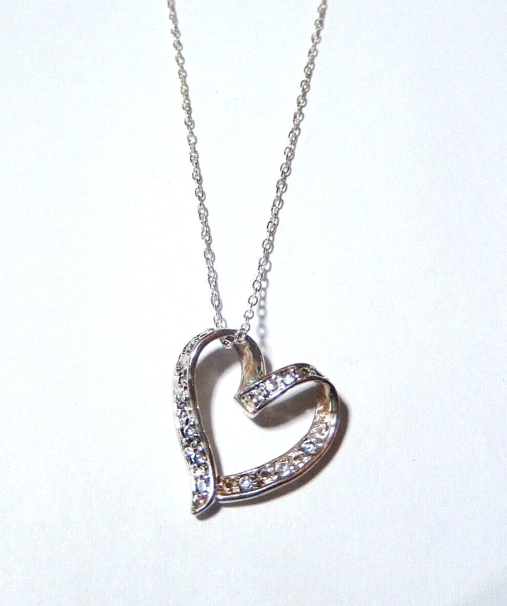 Sterling Silver 925 Floating Cubic Zirconia Heart Pendant on 18 Cable Chain