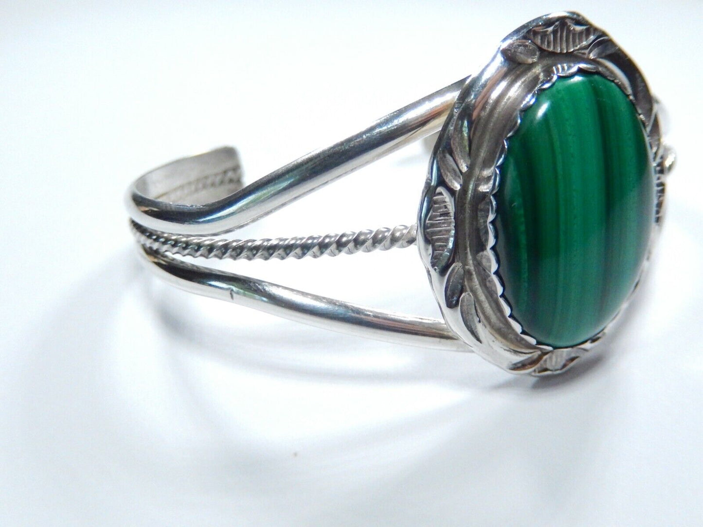 Native American Navajo Sterling Silver Malachite Cuff Bracelet Signed HT