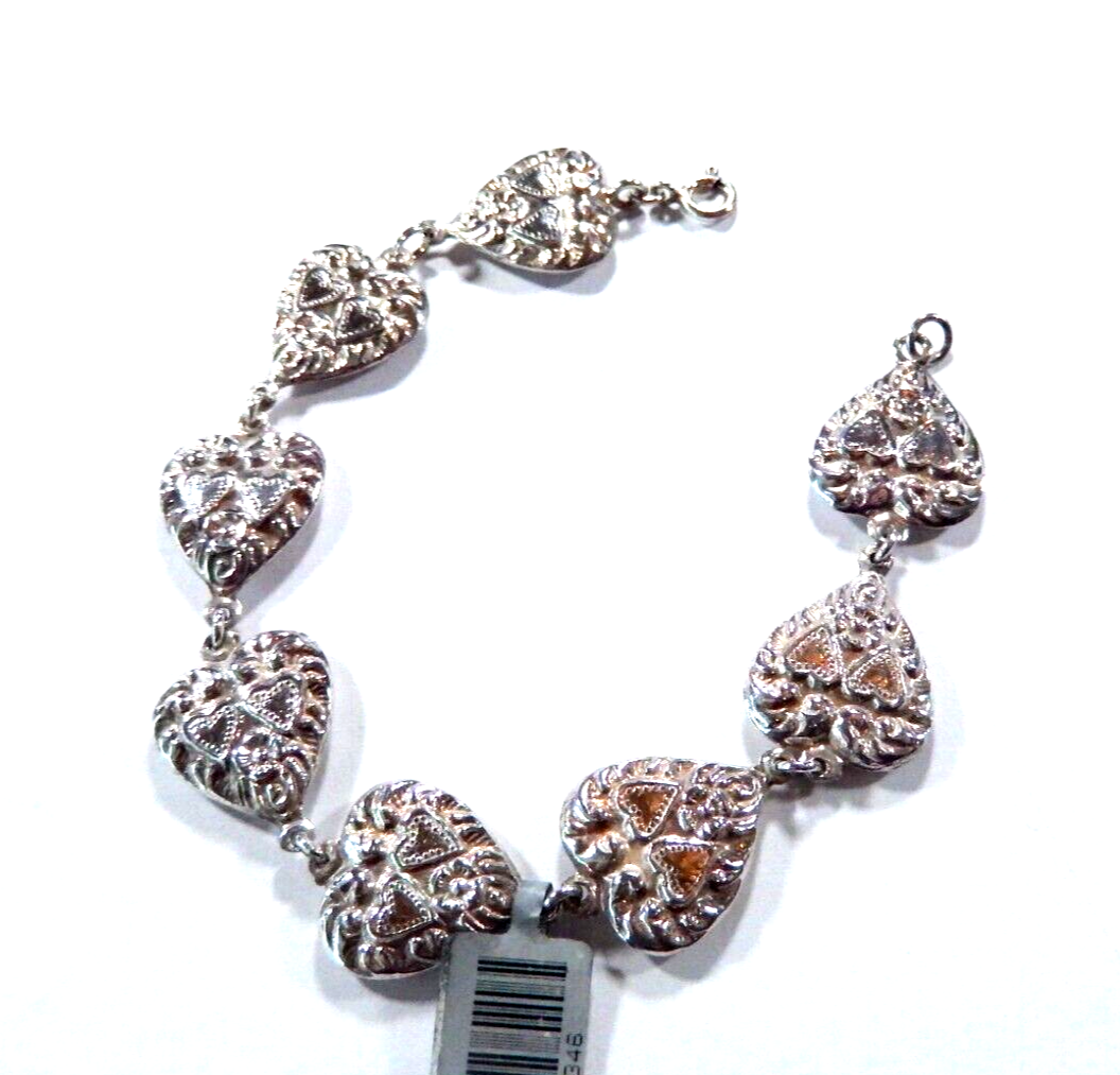 Antique Victorian Sterling Silver Repousse 8 Puffy Heart Link 7 x 58 Bracelet