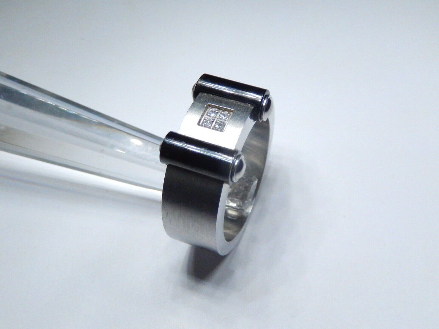 NICE THICK Brushed Stainless Steel 9mm Black IP Plated CZ Band Size 9.75