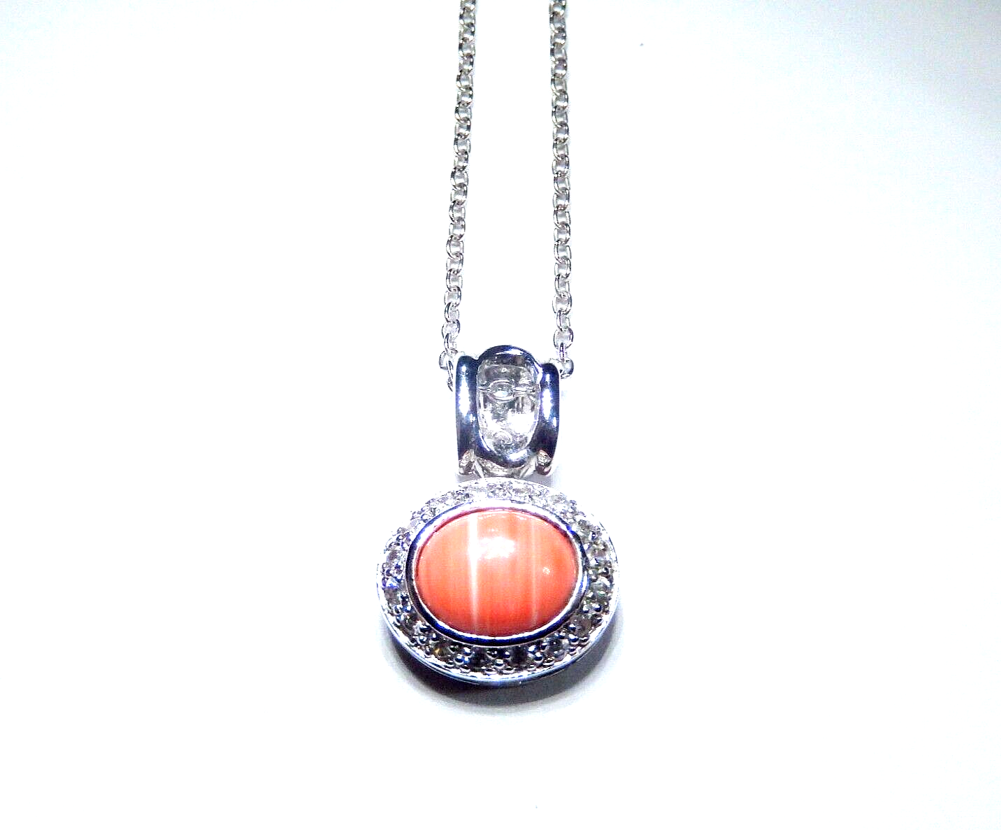 925 Sterling Silver Oval 8x10mm Pink Coral with 23 CZ's Halo Pendant & 18" Chain