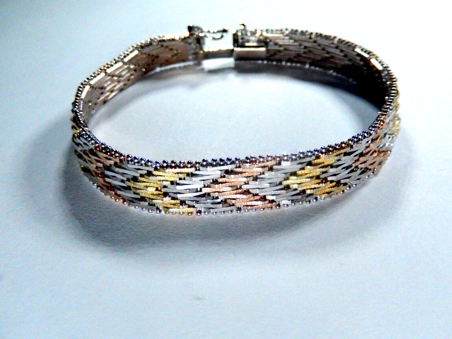 Sterling Silver 925 Tri-Color Gold Chevron Italy Bracelet 9.5mm Wide 21.1 gm -7"