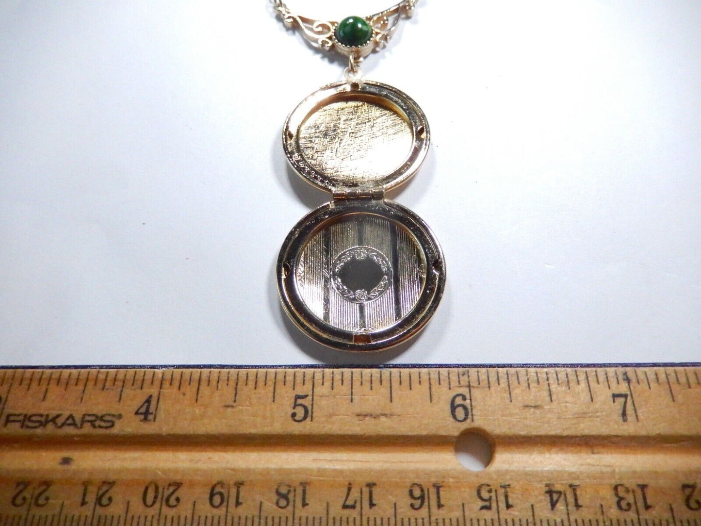 *VINTAGE* SARAH 1-1/4"  Gold Tone Locket Pendant Pressed Victorian Design 18”