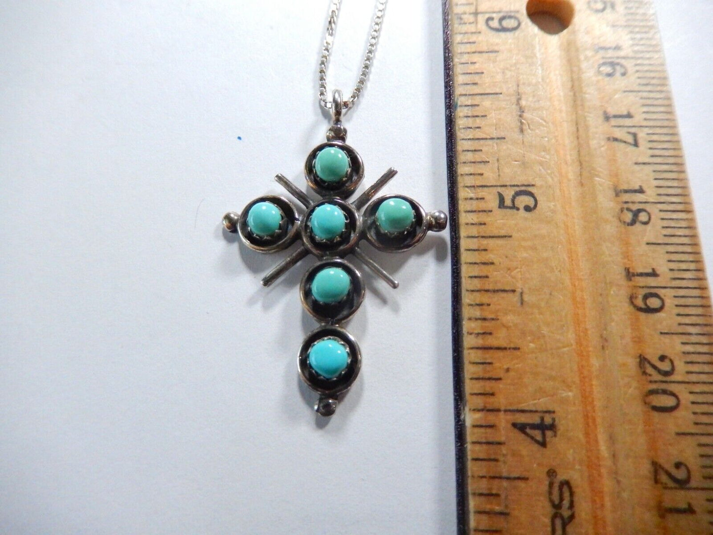 *VINTAGE*  Zuni Artist "HM" Sterling Silver Turquoise Cross Pendant w/20" Chain