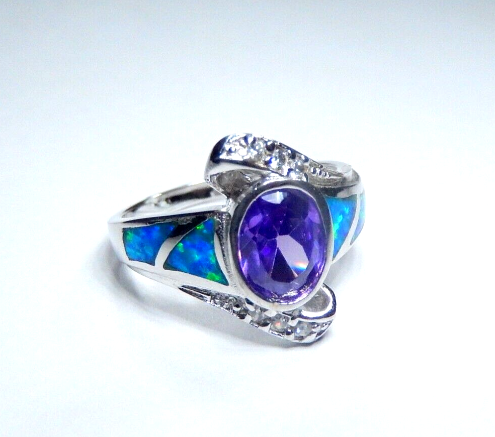 Amethyst & Blue Fire Opal Inlay with CZ Accents 925 Sterling Silver Ring sz 7