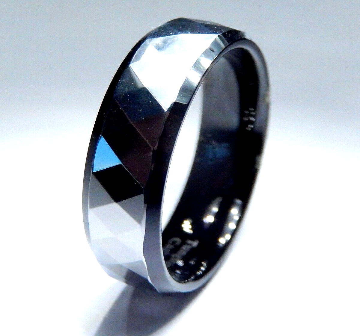 *NEW* Tungsten Carbide 8mm Faceted Silver Top & Black Comfort Fit Inside Sz - 11