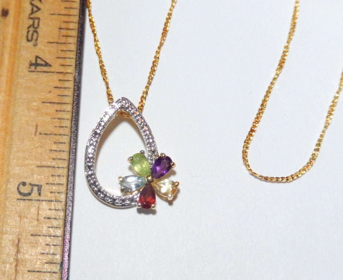 NWT Gold Vermeil 925 Diamond  Multi Colored Gemstones Pendant w 18 Chain