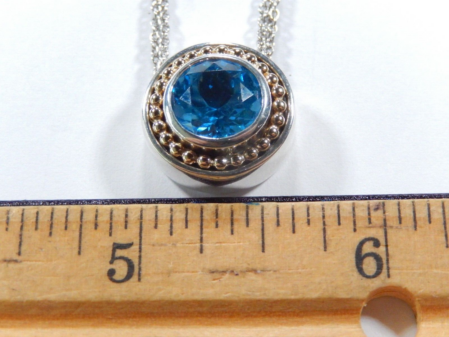 10mm RD Blue Topaz 14K Yellow Gold 925 Sterling Silver Pendant 3 Strand Necklace