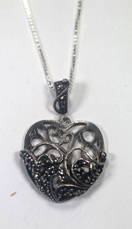 Vintage Signed Sterling Silver Marcasite Heart Pendant w/20" Sterling Box Chain