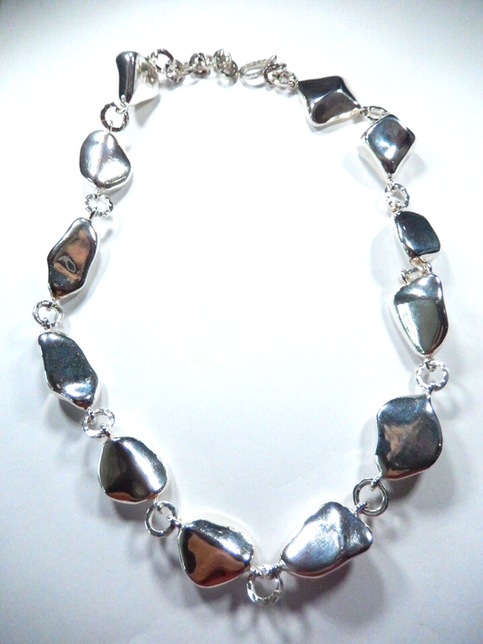 VINTAGE PUFFED ELECTROFORM SILVER TONE METAL CHUNKY BEAD NECKLACE 18"