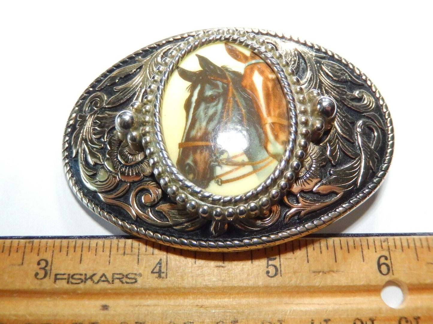 Vintage Ornate Gold Metal Belt Buckle w/ Horse Head Oval Porcelain Cameo Style