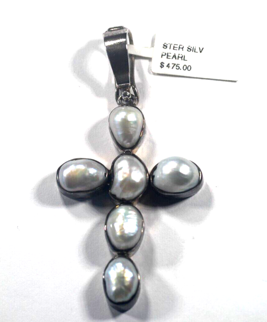 *VINTAGE*  LARGE Sterling Silver Mother of Pearl Cross Enhancer Pendant