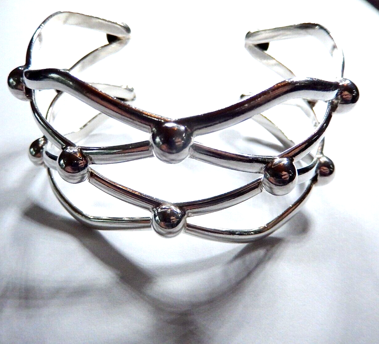 *VINTAGE* Open Bead Ball Bar Wide Modernist Sterling Chunky Design Bracelet 35gm