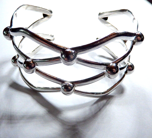 *VINTAGE* Open Bead Ball Bar Wide Modernist Sterling Chunky Design Bracelet 35gm