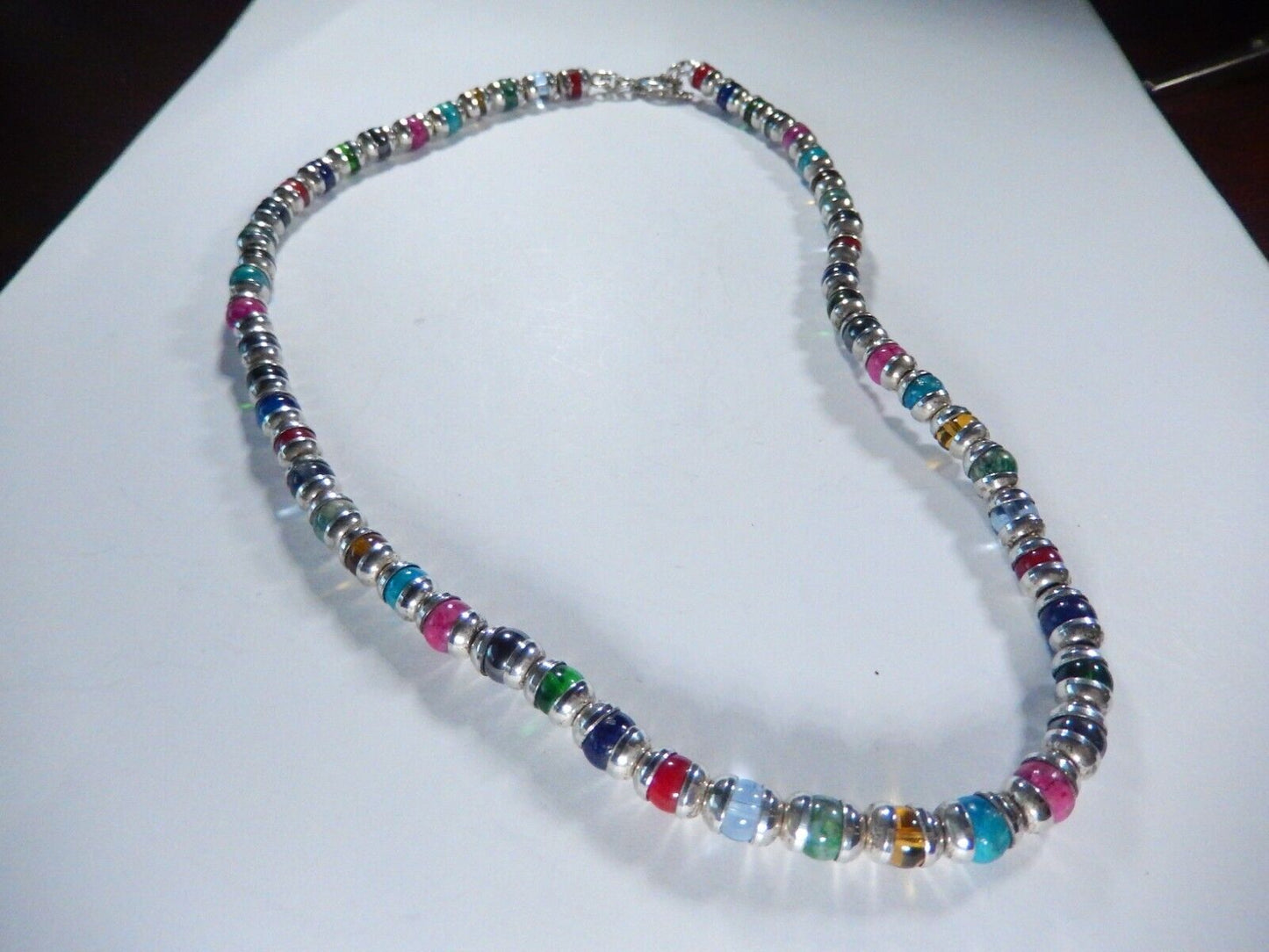 *VINTAGE* Multi Gemstone Beads w/ Sterling Bead Caps &Toggle Clasp Necklace 18"