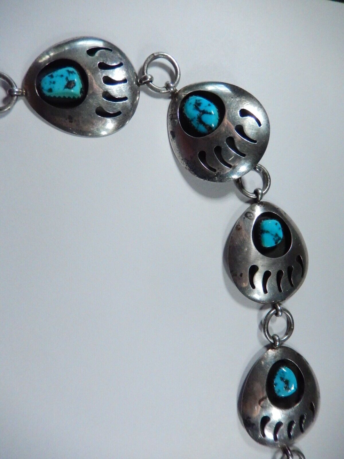 Vintage Navajo 36” Concho Belt / Necklace Sterling Silver Bear Claw Turquoise