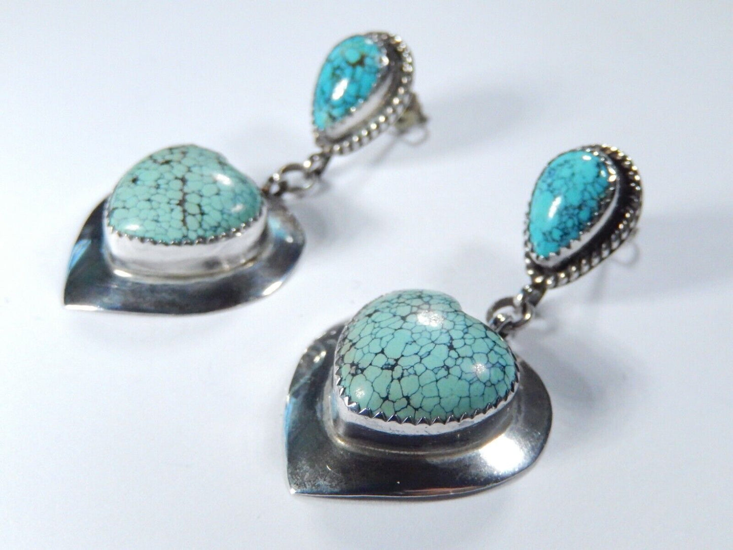*VINTAGE*  LG Southwest Sterling Silver Turquoise Heart Dangle Earrings 2" Long