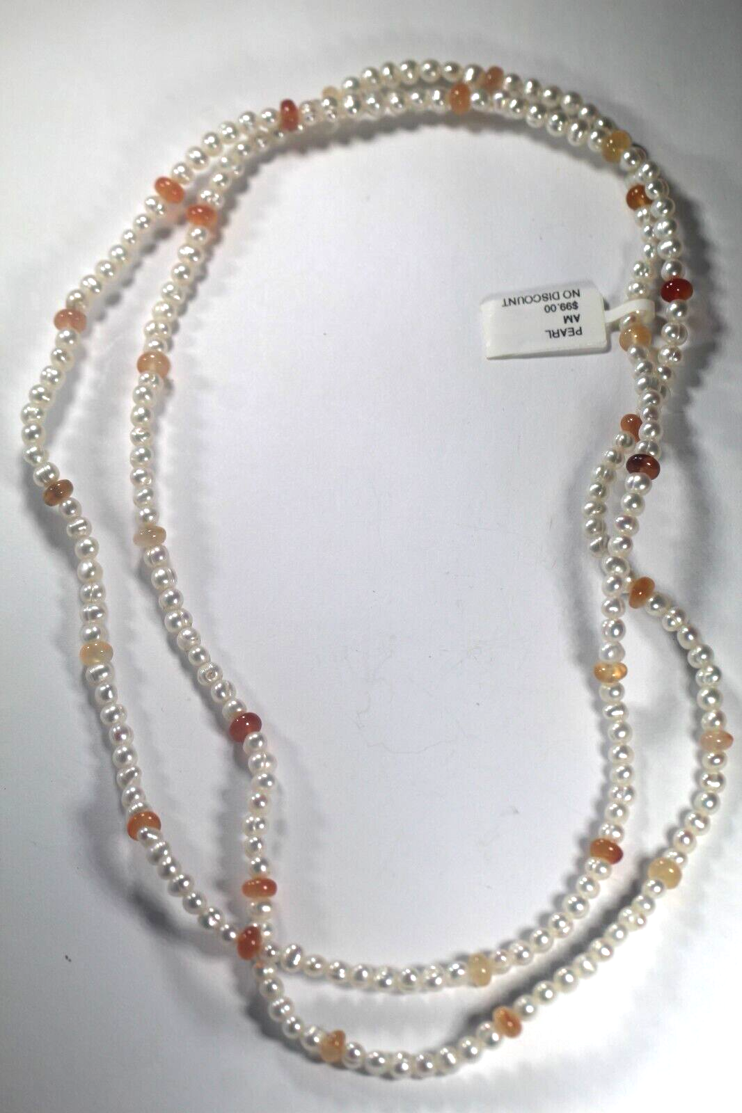 Long 36" Real 4-5mm White Baroque Pearl & Orange Gemstone Beads Necklace