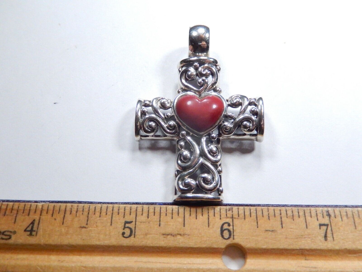 LARGE - Sterling Silver Filigree Cross Pendant with Red Coral Gemstone Heart