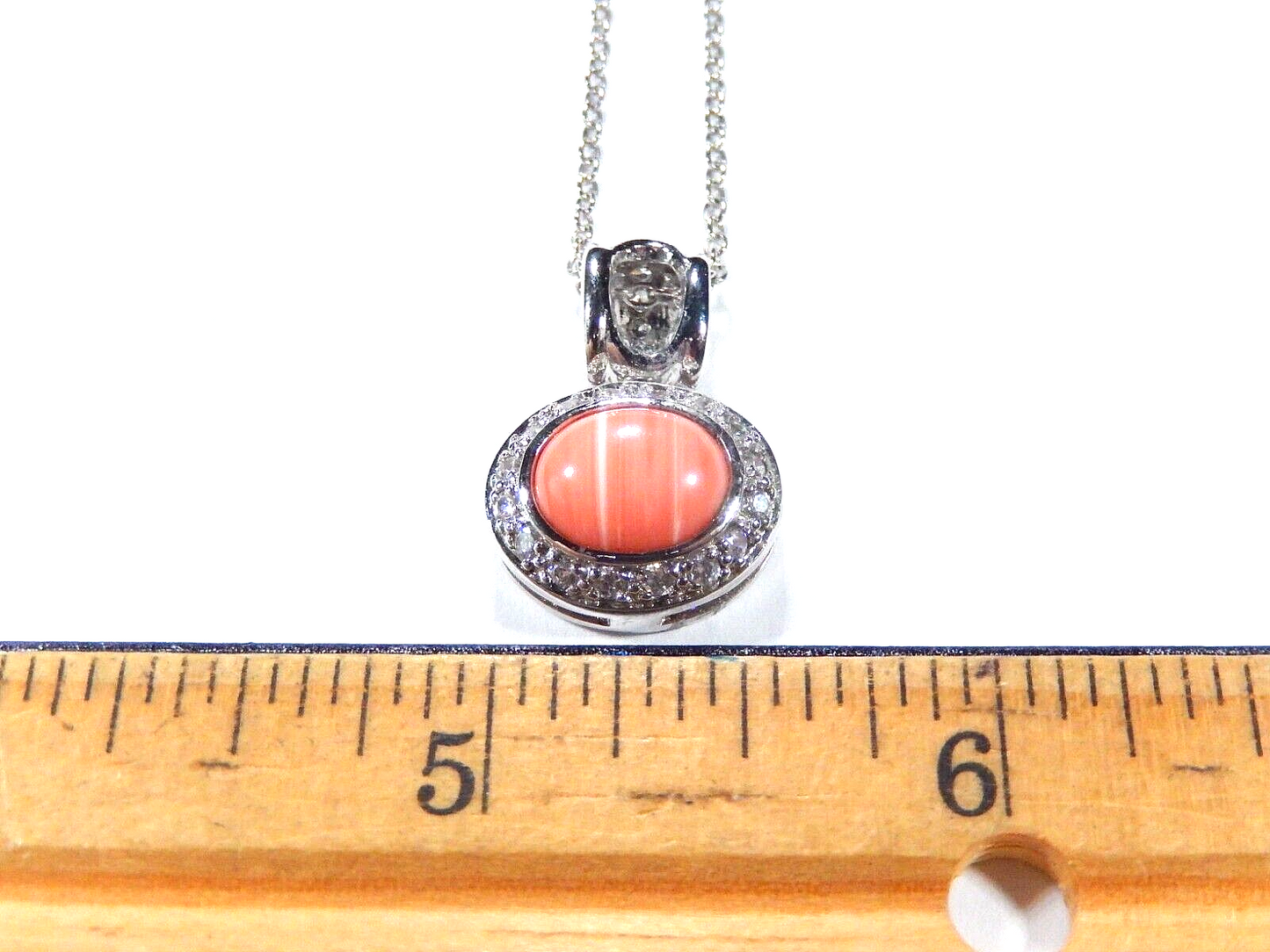 925 Sterling Silver Oval 8x10mm Pink Coral with 23 CZ's Halo Pendant & 18" Chain