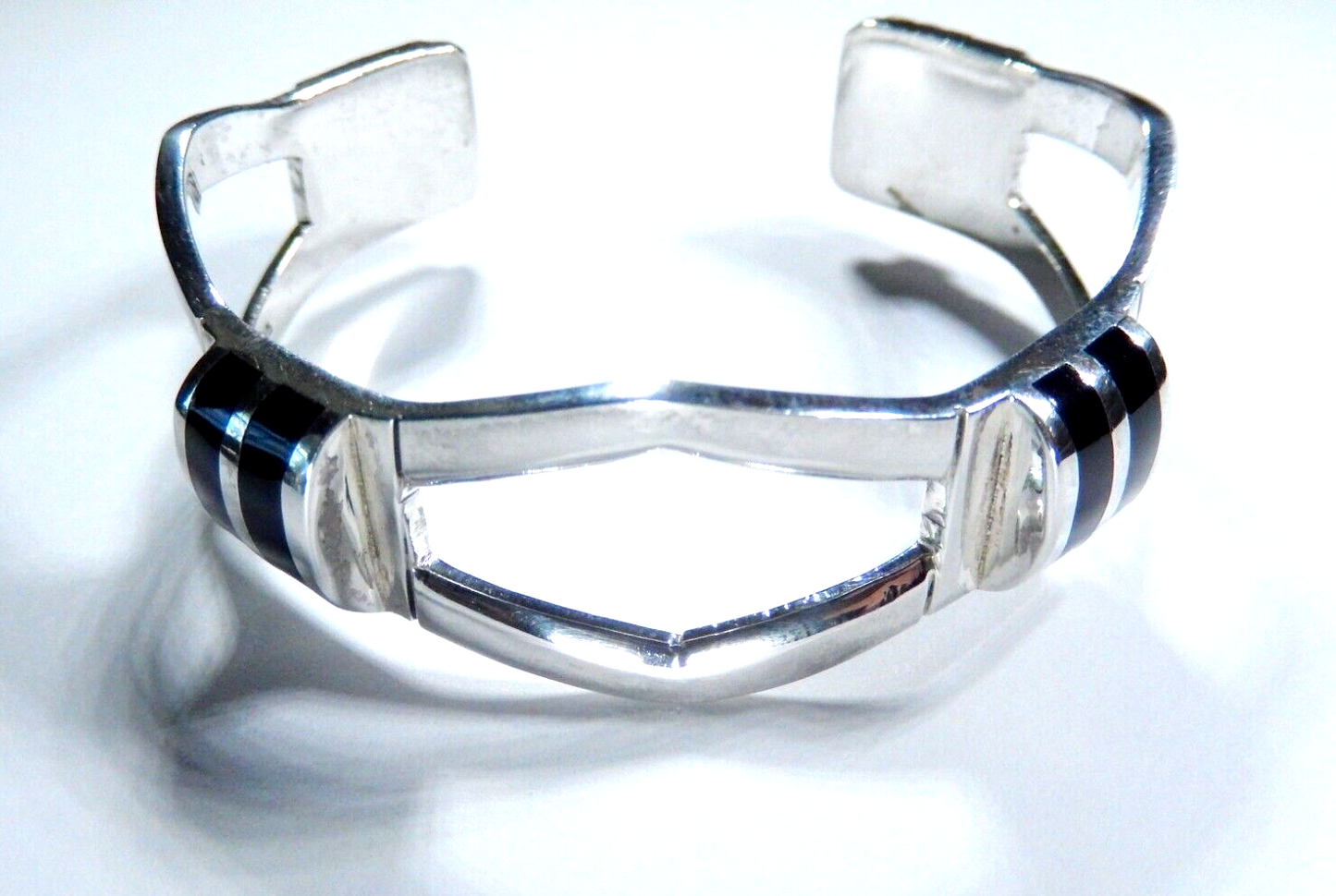 *VINTAGE*  Heavy Sterling Silver Black Onyx Cuff Modernist Retro Bracelet 45 gms