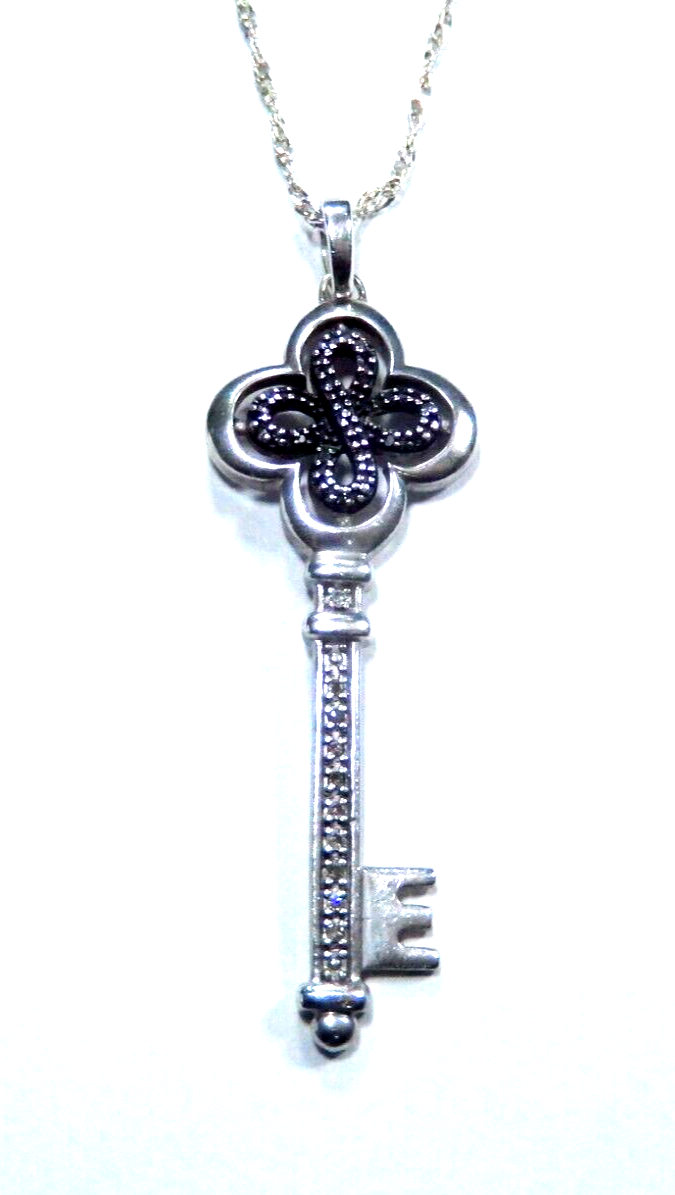 *VINTAGE*  Sterling Silver Real White & Black Diamond Key Pendant w/24" Chain
