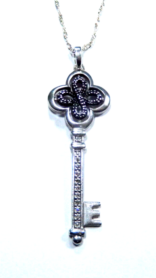*VINTAGE*  Sterling Silver Real White & Black Diamond Key Pendant w/24" Chain