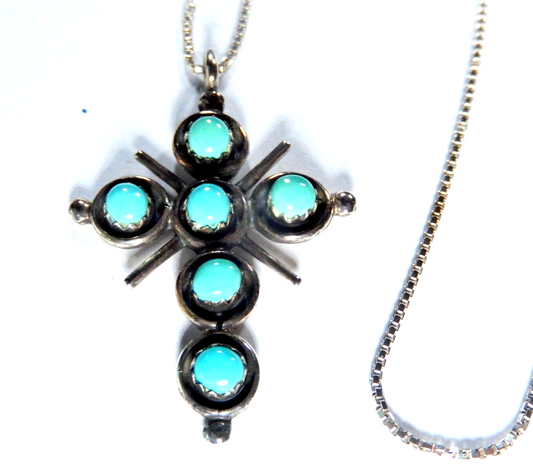 *VINTAGE*  Zuni Artist "HM" Sterling Silver Turquoise Cross Pendant w/20" Chain